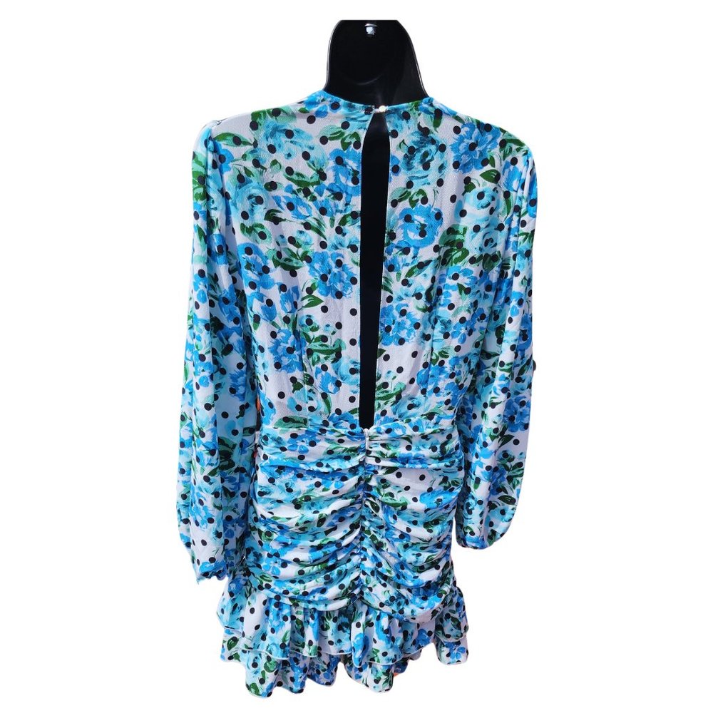 Romantic Blue Floral Polka Dot Ruched Ruffle Mini Dress Open Back US 4 - Picture 4 of 10